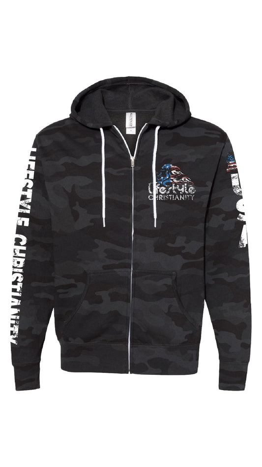 America Will be Saved "  Camo Zipper Hoodie