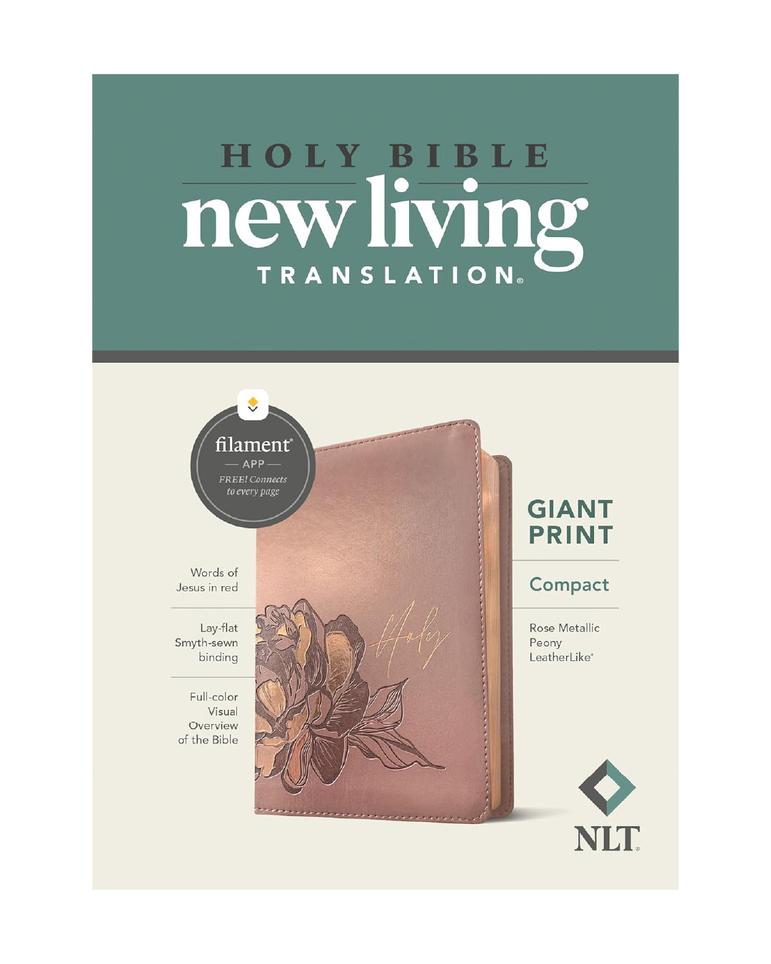 NLT Compact Giant Print Bible -Leatherlike, Rose metallic Peony