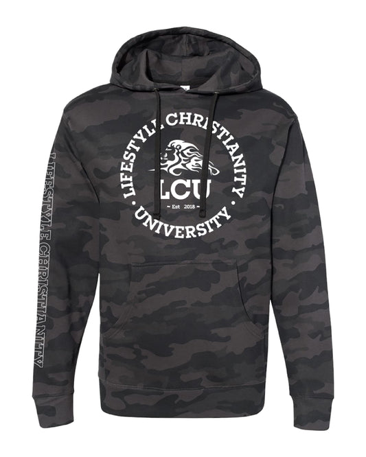 LCU Black Camo Hoodie with White Circle Logo